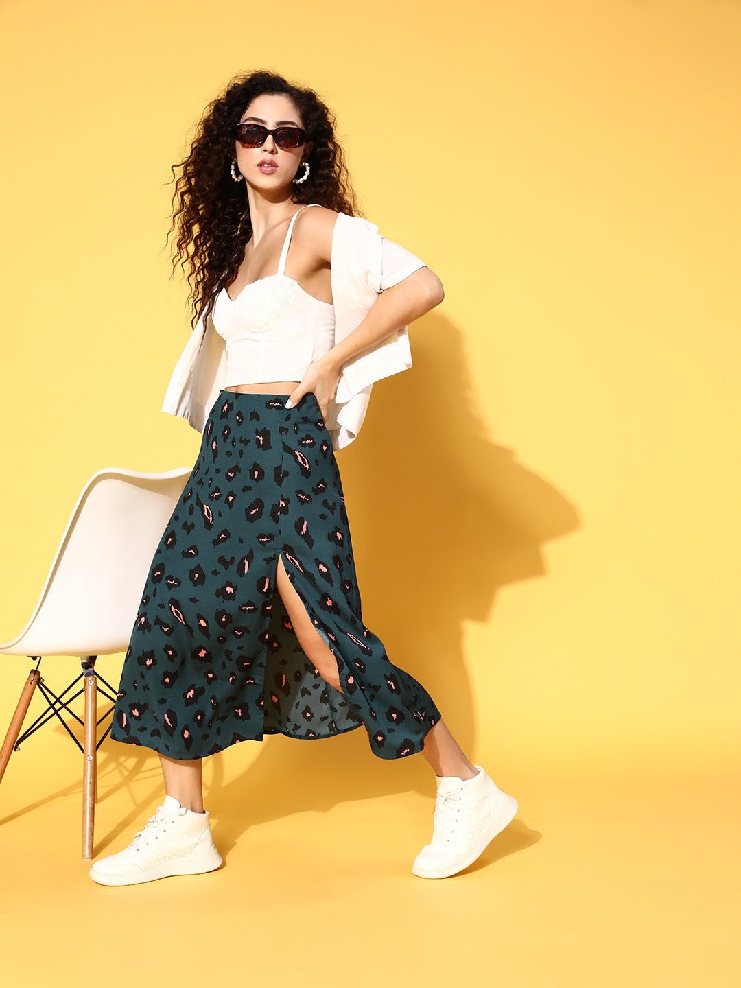 Folk Republic Women Teal Green & Black Abstract Printed Crepe Thigh-High Slit Flared A-Line Midi Skirt - #folk republic#