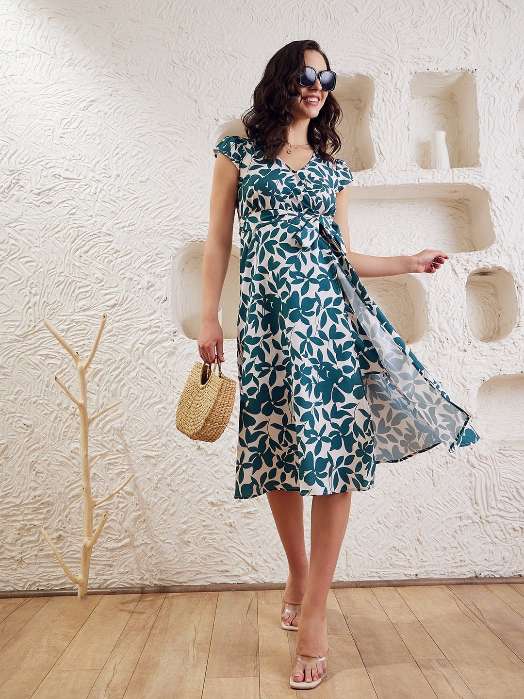 Folk Republic Women Teal & White Colour Floral Printed & Tie Up Detailed Wrap Dress - #folk republic#