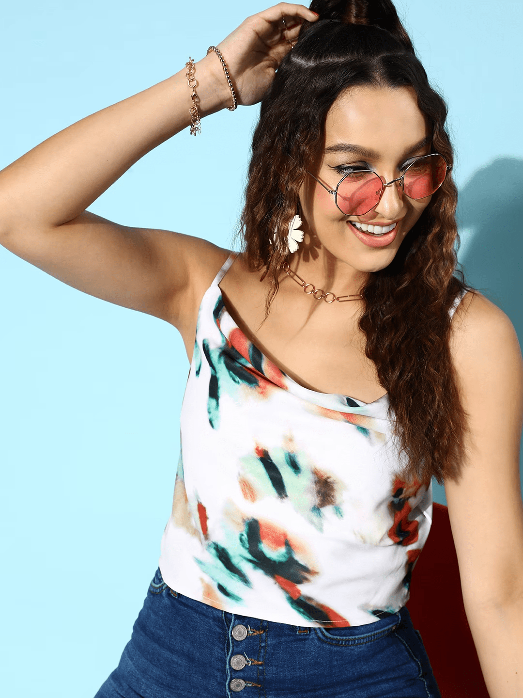 Folk Republic Women White Abstract Print Cowl Neck Satin Crop Regular Top - #folk republic#