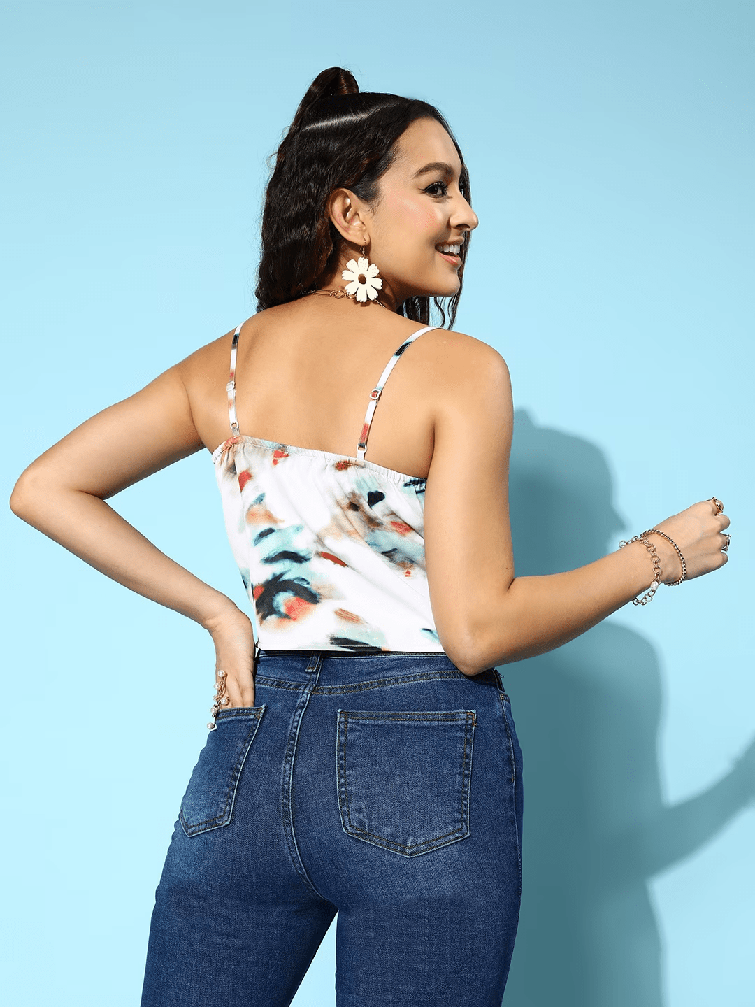 Folk Republic Women White Abstract Print Cowl Neck Satin Crop Regular Top - #folk republic#