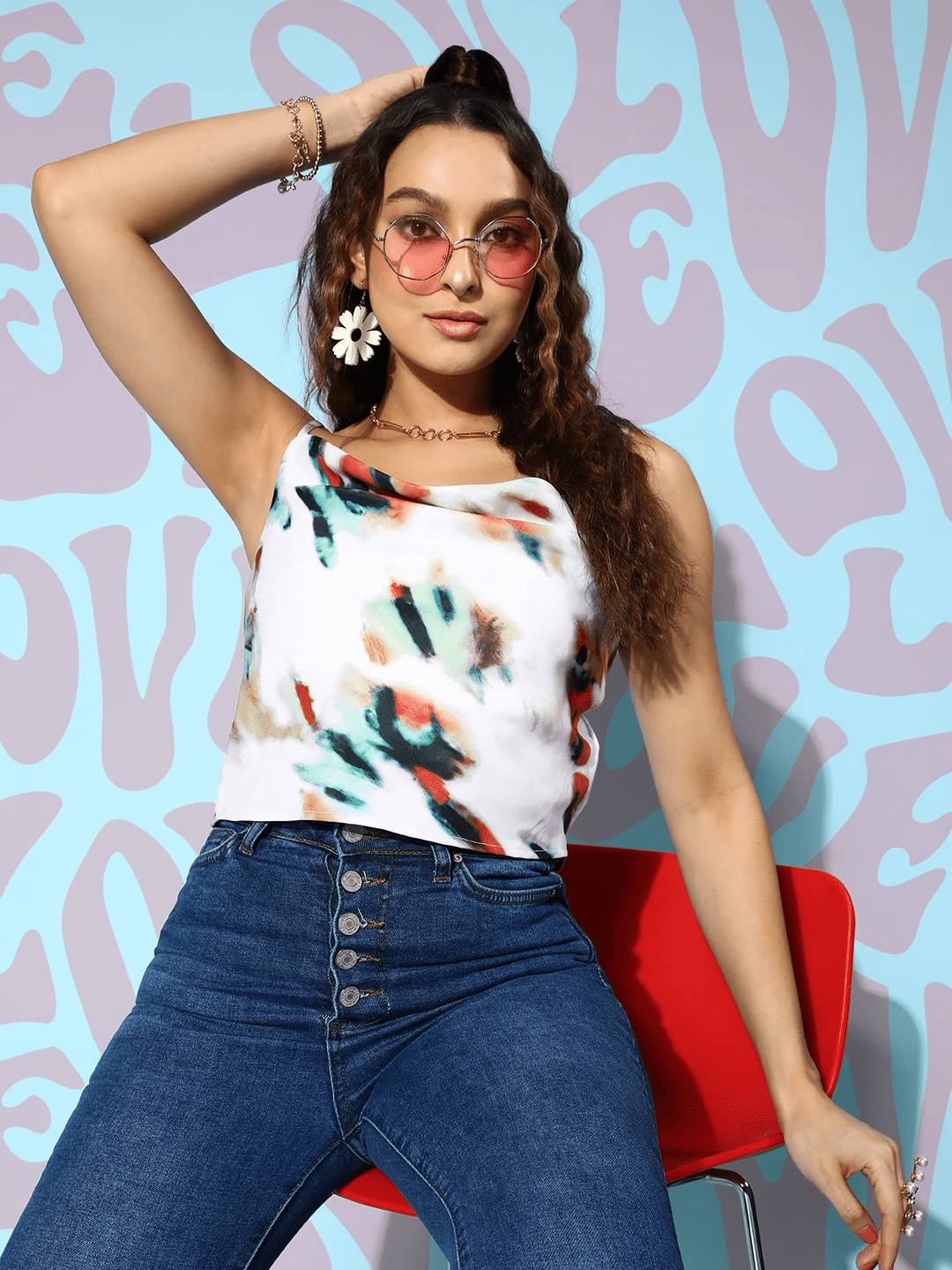 Folk Republic Women White Abstract Print Cowl Neck Satin Crop Regular Top - #folk republic#