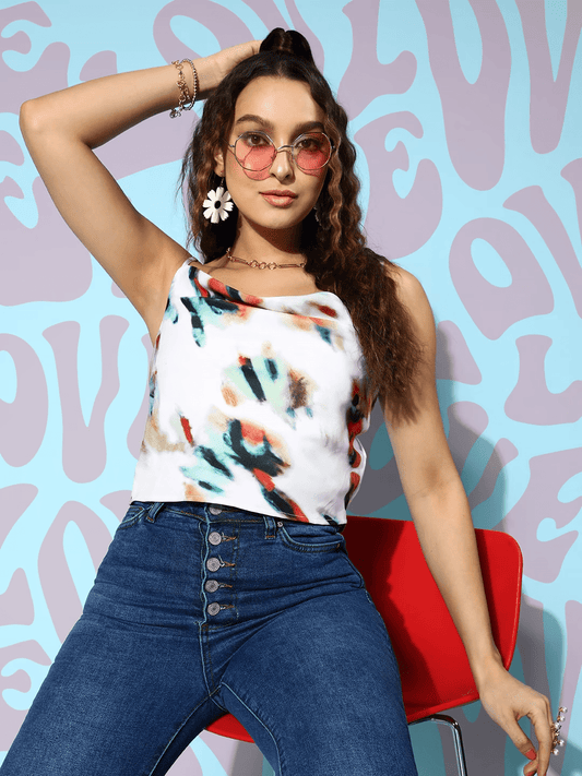 Folk Republic Women White Abstract Print Cowl Neck Satin Crop Regular Top - #folk republic#
