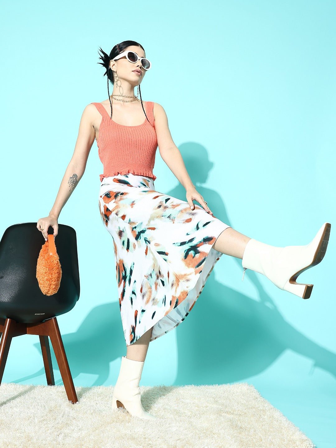 Folk Republic Women White Abstract Print High Rise Midi A-Line Skirt - #folk republic#