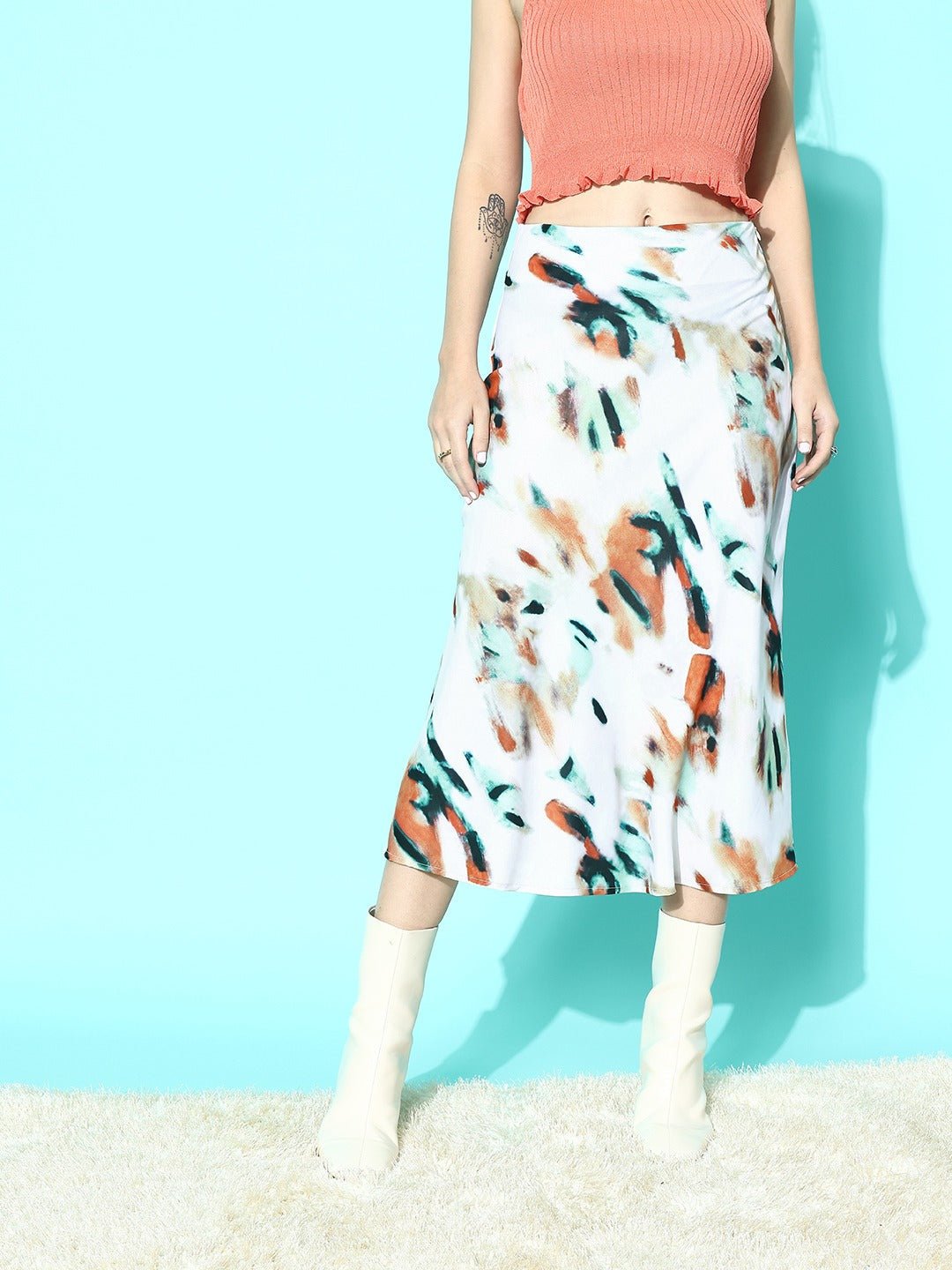 Folk Republic Women White Abstract Print High Rise Midi A-Line Skirt - #folk republic#