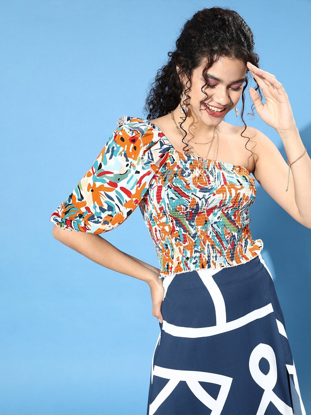 Folk Republic Women White Abstract Printed One-Shoulder Ruffled Bohemian Crepe Top - #folk republic#