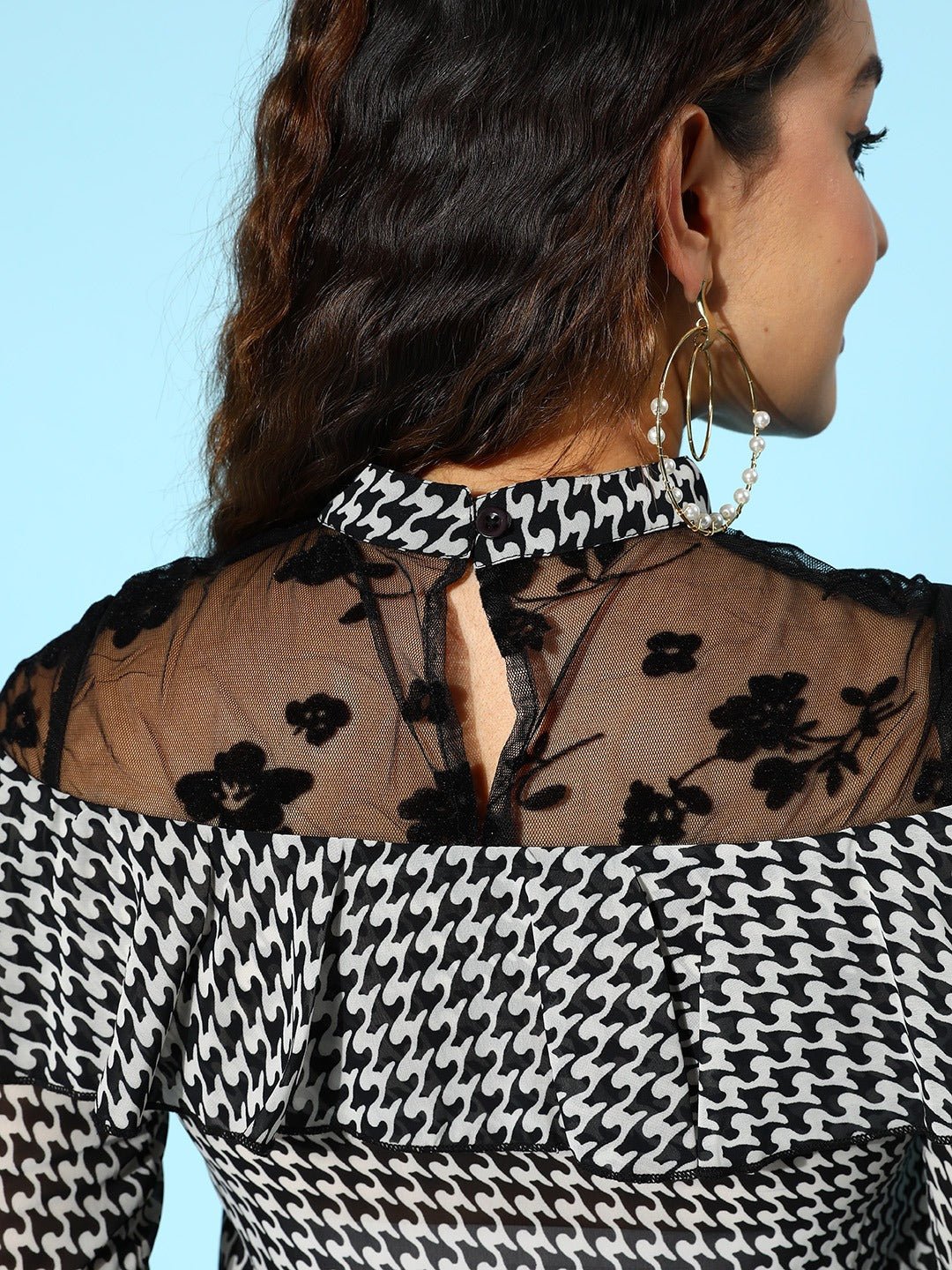 Folk Republic Women White & Black Abstract Printed High Neck Lace Back Georgette Layered Regular Top - #folk republic#