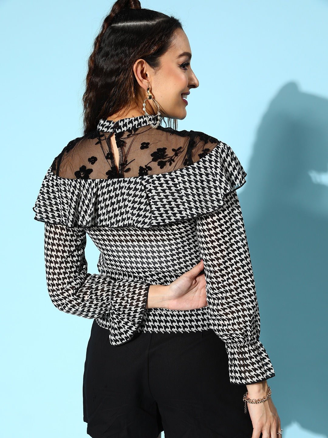 Folk Republic Women White & Black Abstract Printed High Neck Lace Back Georgette Layered Regular Top - #folk republic#