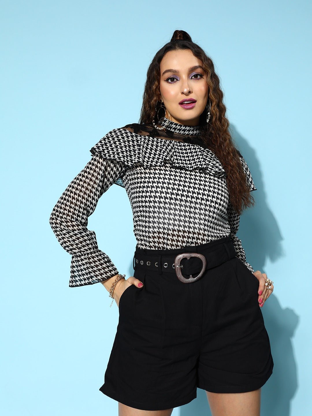 Folk Republic Women White & Black Abstract Printed High Neck Lace Back Georgette Layered Regular Top - #folk republic#