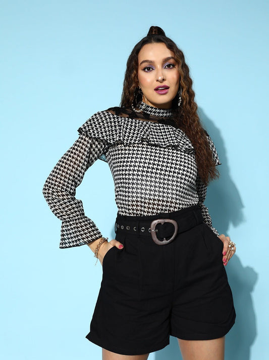 Folk Republic Women White & Black Abstract Printed High Neck Lace Back Georgette Layered Regular Top - #folk republic#