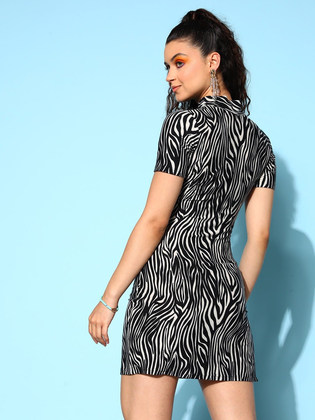 Folk Republic Women White & Black Animal Printed High-Neck Cotton Side-Slit Straight Hem Bodycon Mini Dress - #folk republic#