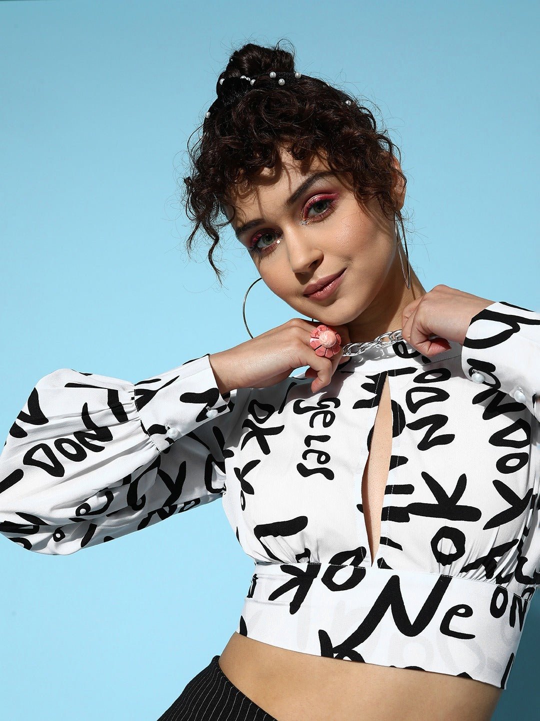 Folk Republic Women White & Black Conversational Printed High Neck Front Cutout Styled Tie-Up Back Crop Top - #folk republic#