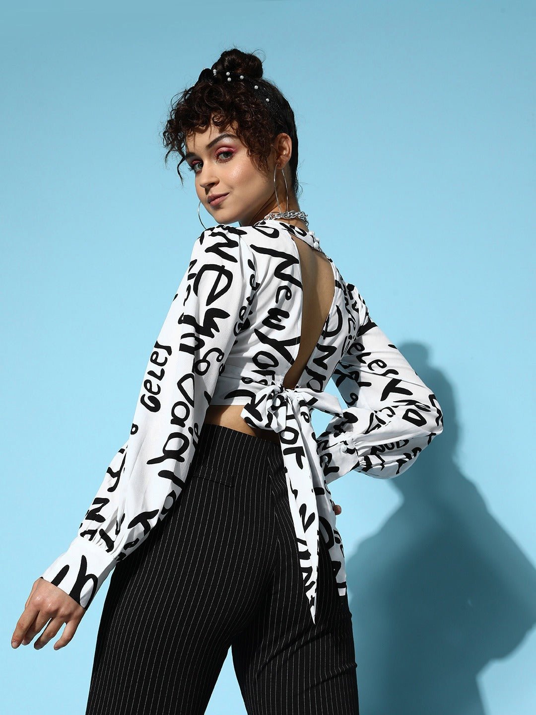 Folk Republic Women White & Black Conversational Printed High Neck Front Cutout Styled Tie-Up Back Crop Top - #folk republic#
