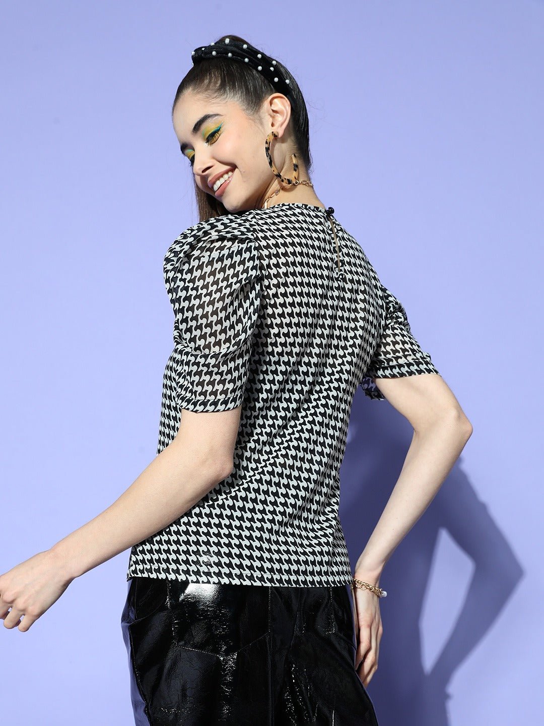 Folk Republic Women White & Black Geometric Printed Round Neck Puff Sleeves Button-Up Crepe Regular Top - #folk republic#