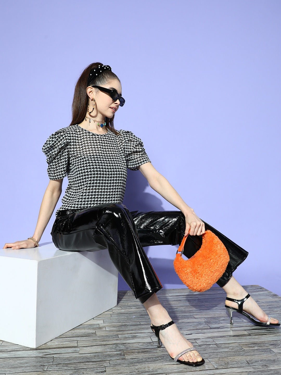 Folk Republic Women White & Black Geometric Printed Round Neck Puff Sleeves Button-Up Crepe Regular Top - #folk republic#