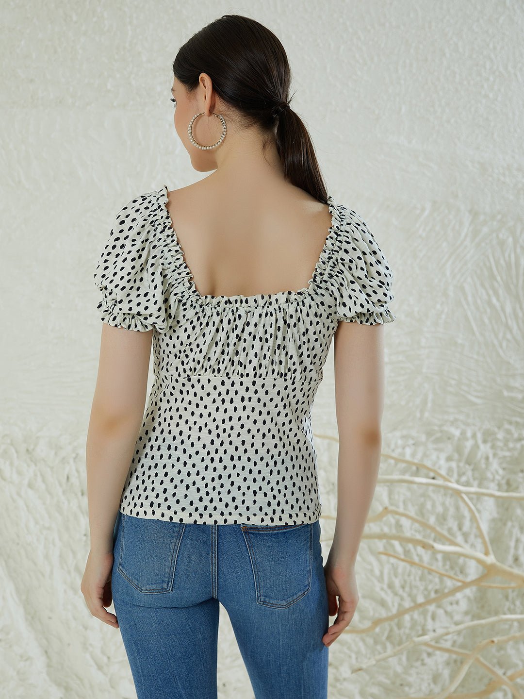 Folk Republic Women White & Black Polka Dot Printed Halter Neck Cold-Shoulder Ruffled Regular Top - #folk republic#