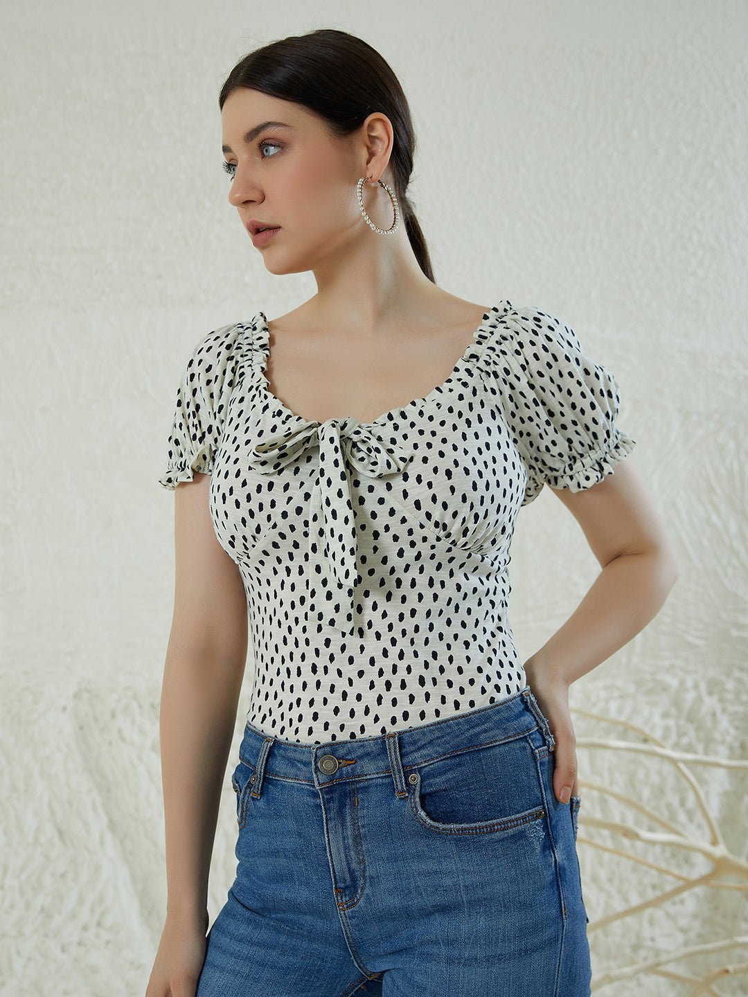 Folk Republic Women White & Black Polka Dot Printed Halter Neck Cold-Shoulder Ruffled Regular Top - #folk republic#