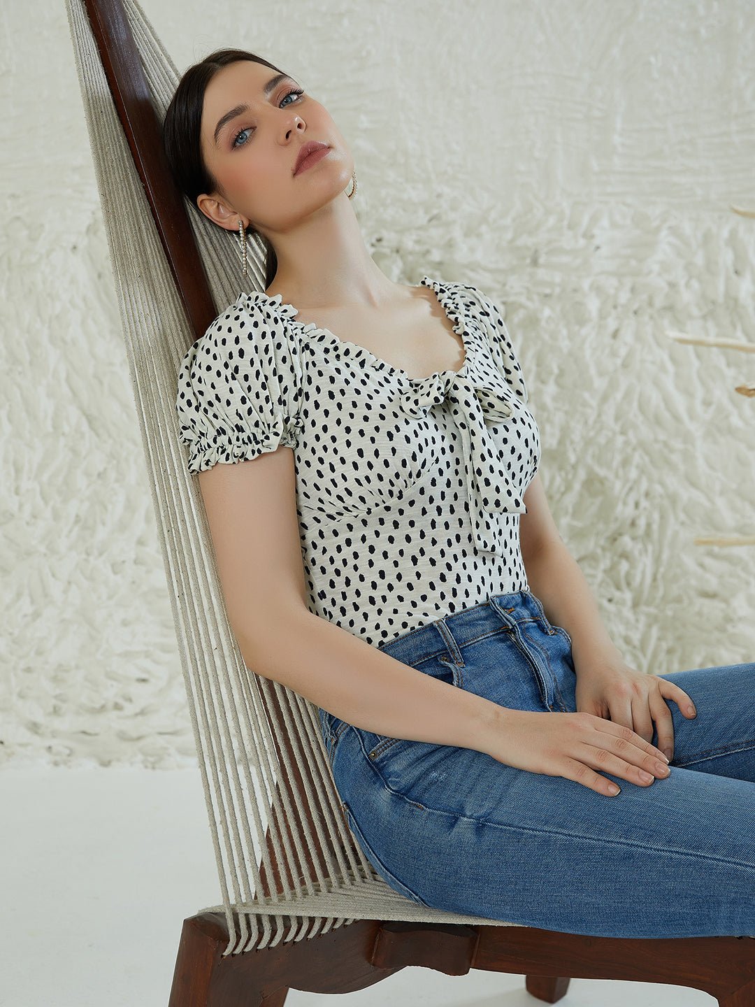 Folk Republic Women White & Black Polka Dot Printed Halter Neck Cold-Shoulder Ruffled Regular Top - #folk republic#