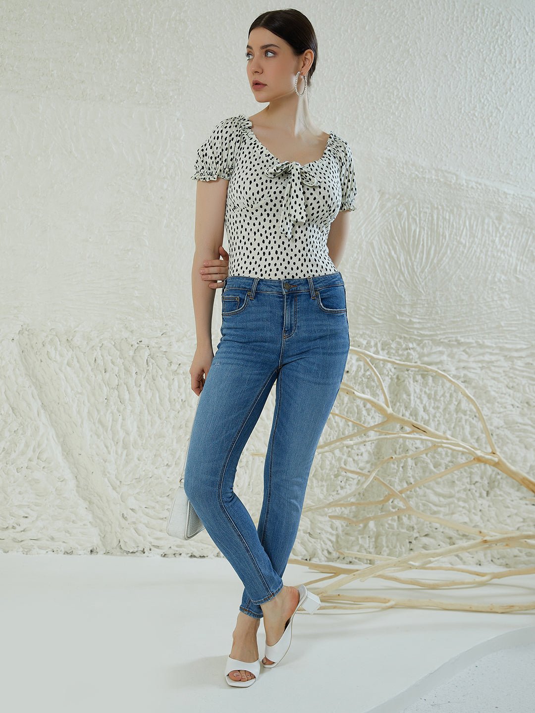 Folk Republic Women White & Black Polka Dot Printed Halter Neck Cold-Shoulder Ruffled Regular Top - #folk republic#