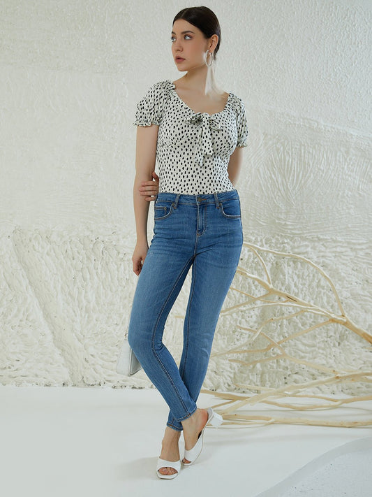 Folk Republic Women White & Black Polka Dot Printed Halter Neck Cold-Shoulder Ruffled Regular Top - #folk republic#