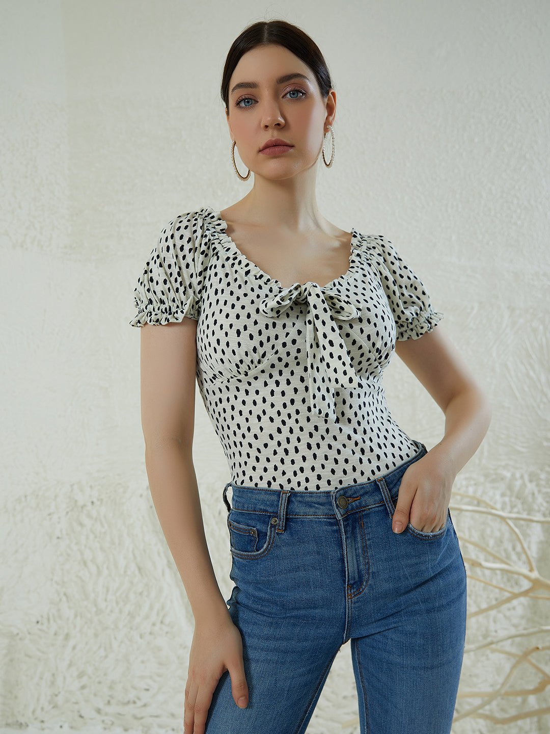 Folk Republic Women White & Black Polka Dot Printed Halter Neck Cold-Shoulder Ruffled Regular Top - #folk republic#