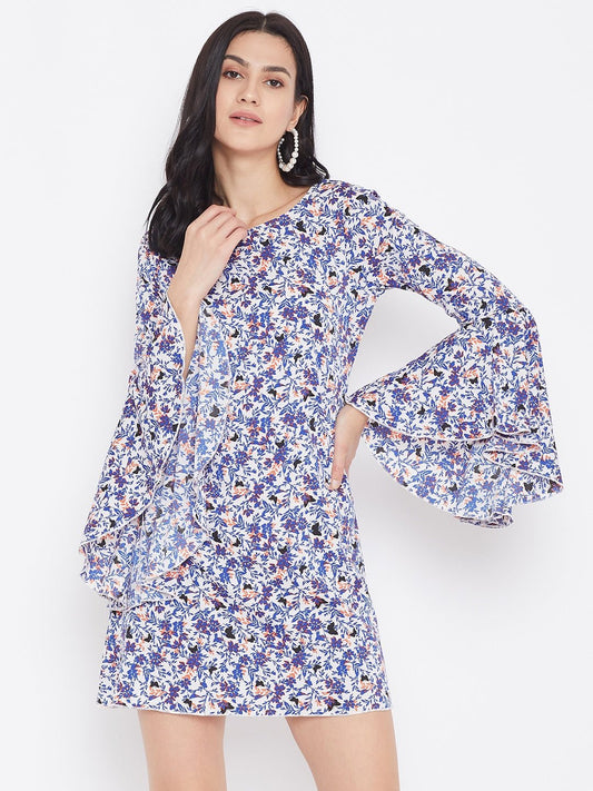 Folk Republic Women White & Blue Floral Printed A-Line Mini Dress - #folk republic#