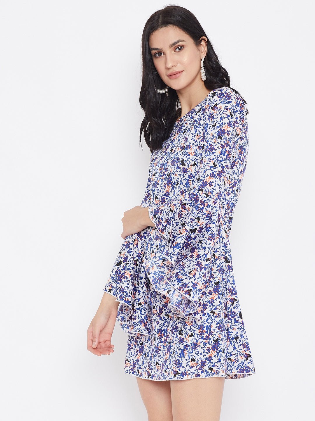 Folk Republic Women White & Blue Floral Printed A-Line Mini Dress - #folk republic#