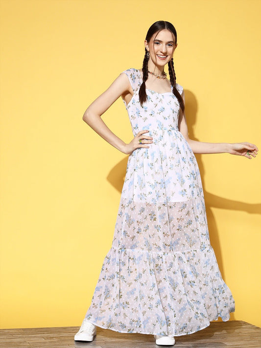 Folk Republic Women White & Blue Floral Printed Dobby Weave Sweetheart Neck Flounce Hem Tiered Maxi Dress - #folk republic#