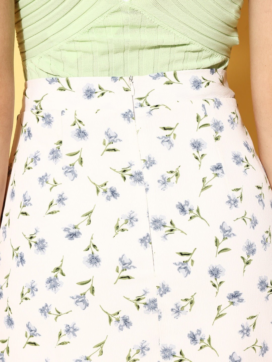Folk Republic Women White & Blue Floral Printed Front Slit Straight A-Line Mini Skirt - #folk republic#