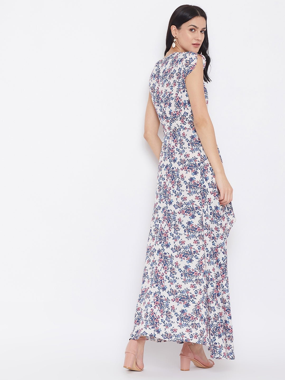 Folk Republic Women White & Blue Floral Printed High Low Wrap Maxi Dress - #folk republic#