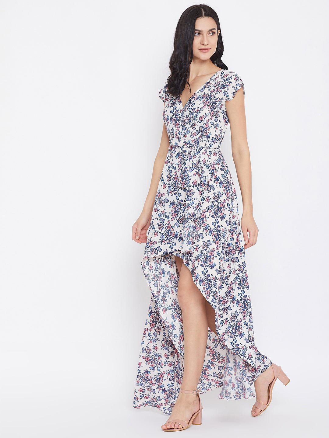 Folk Republic Women White & Blue Floral Printed High Low Wrap Maxi Dress - #folk republic#