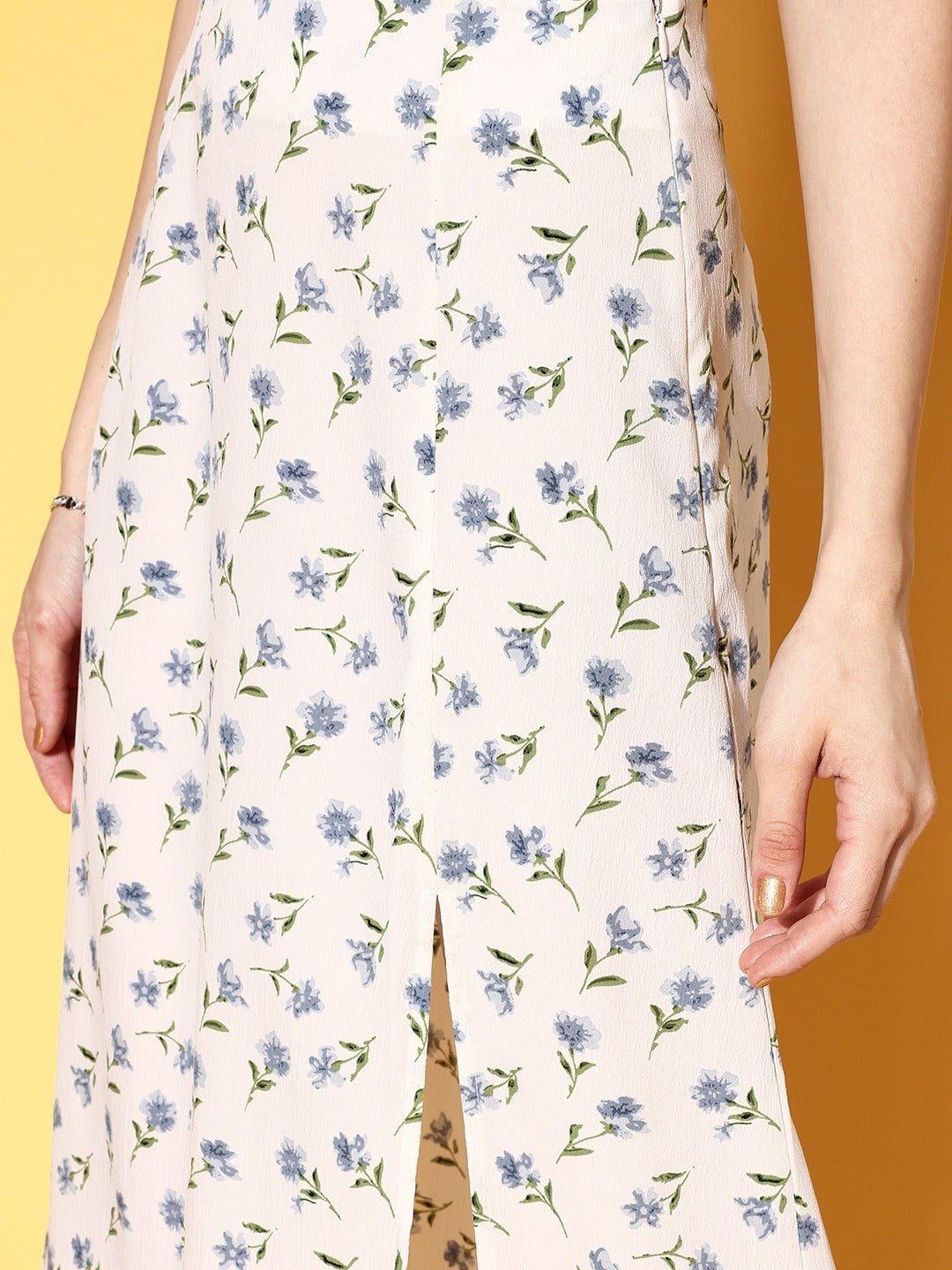 Folk Republic Women White & Blue Floral Printed Thigh-High Slit Flared A-Line Midi Skirt - #folk republic#