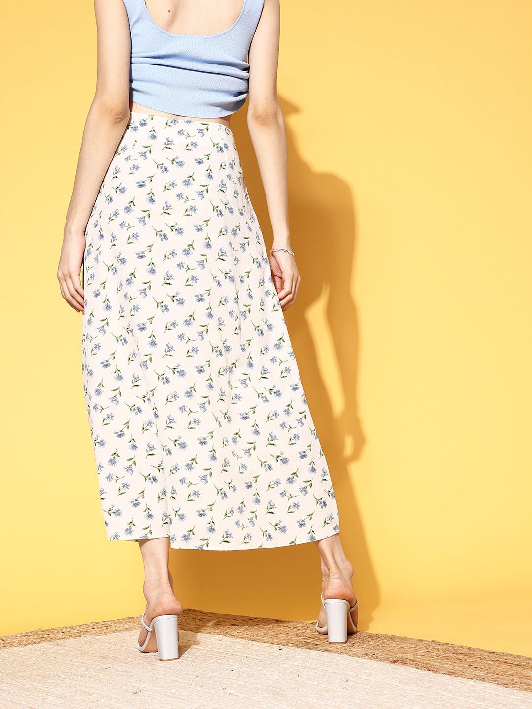 Folk Republic Women White & Blue Floral Printed Thigh-High Slit Flared A-Line Midi Skirt - #folk republic#