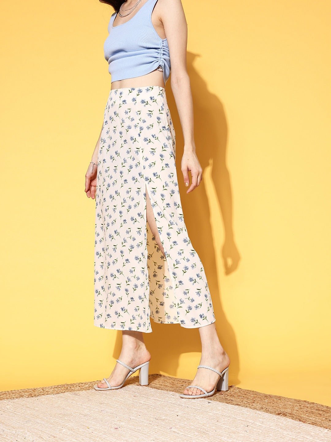 Folk Republic Women White & Blue Floral Printed Thigh-High Slit Flared A-Line Midi Skirt - #folk republic#