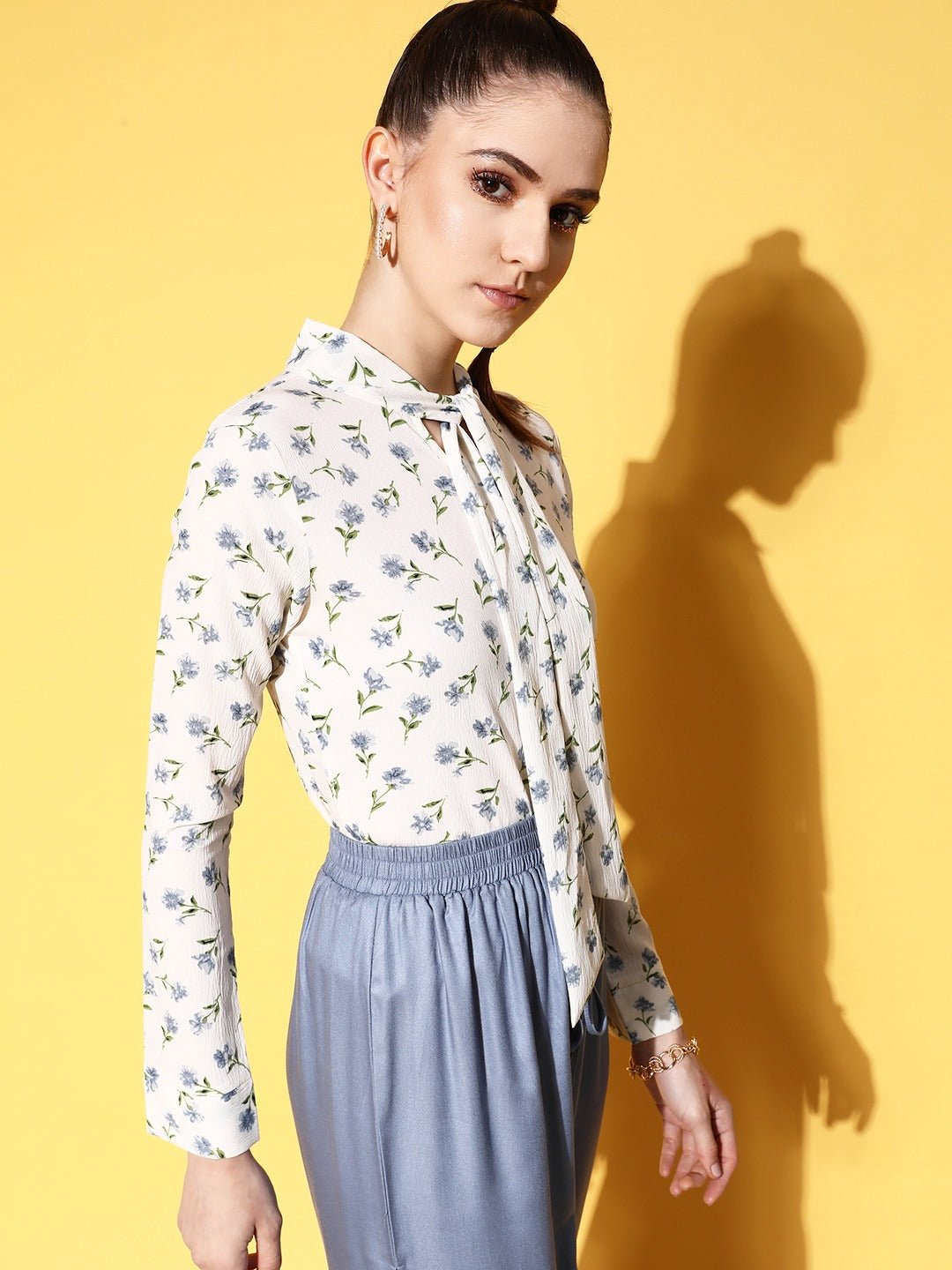 Folk Republic Women White & Blue Floral Printed Tie-Up Neck Crepe Regular Top - #folk republic#
