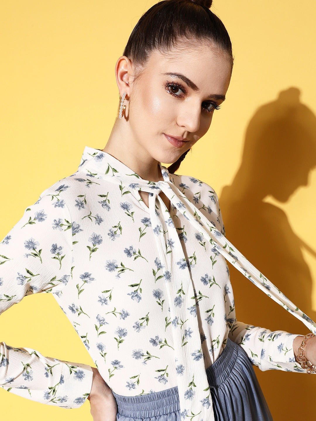 Folk Republic Women White & Blue Floral Printed Tie-Up Neck Crepe Regular Top - #folk republic#