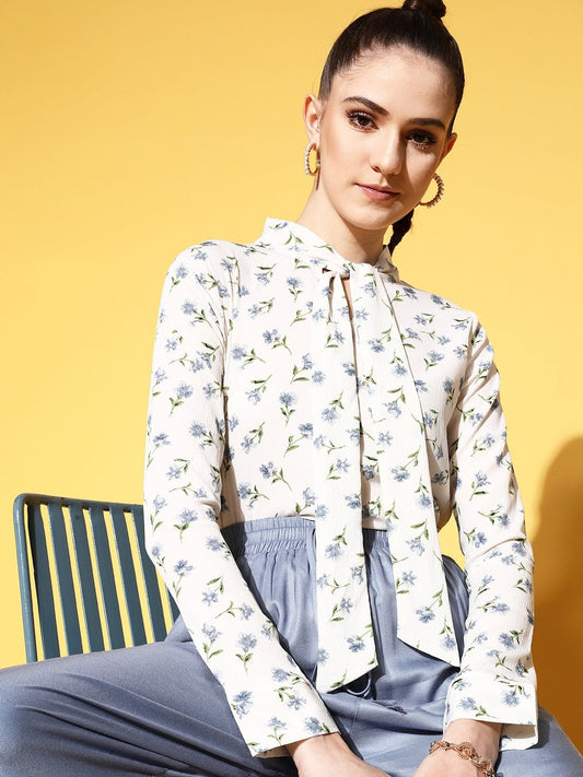 Folk Republic Women White & Blue Floral Printed Tie-Up Neck Crepe Regular Top - #folk republic#