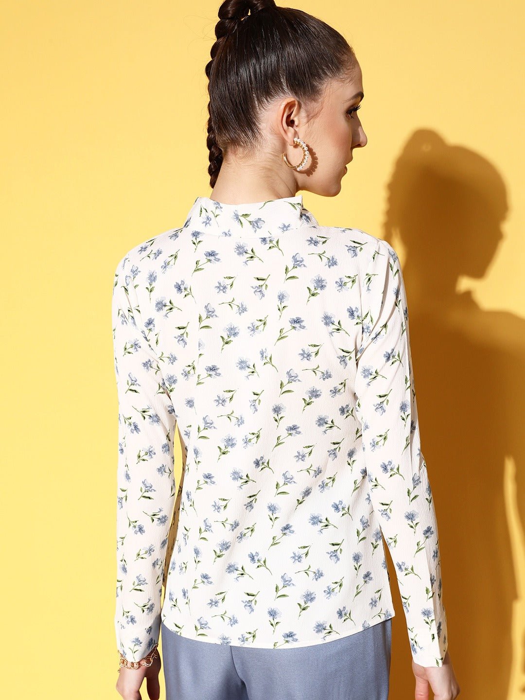 Folk Republic Women White & Blue Floral Printed Tie-Up Neck Crepe Regular Top - #folk republic#