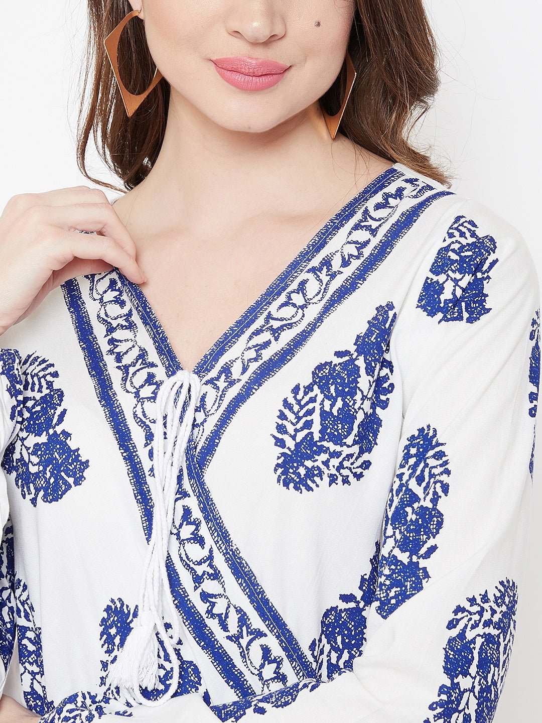 Folk Republic Women White & Blue Floral Printed V-Neck Medium Transparent Blouson Top - #folk republic#