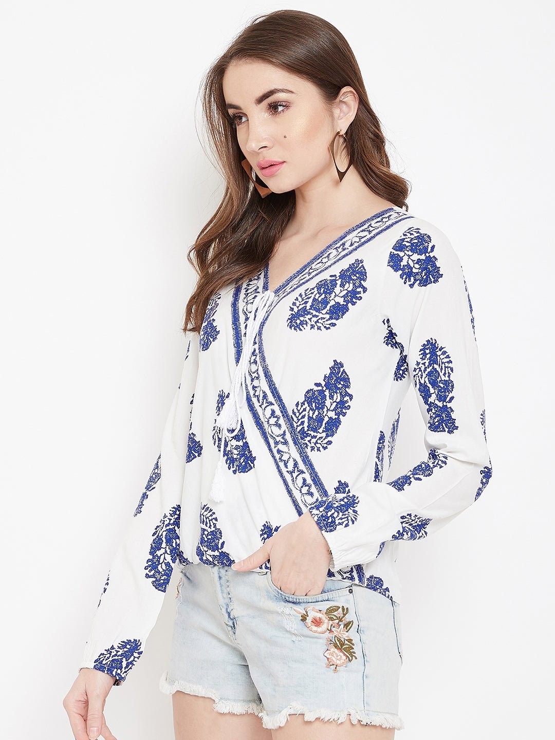 Folk Republic Women White & Blue Floral Printed V-Neck Medium Transparent Blouson Top - #folk republic#