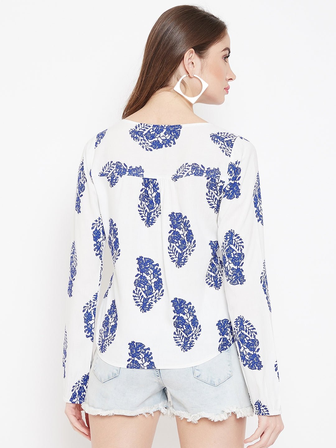 Folk Republic Women White & Blue Floral Printed V-Neck Medium Transparent Blouson Top - #folk republic#
