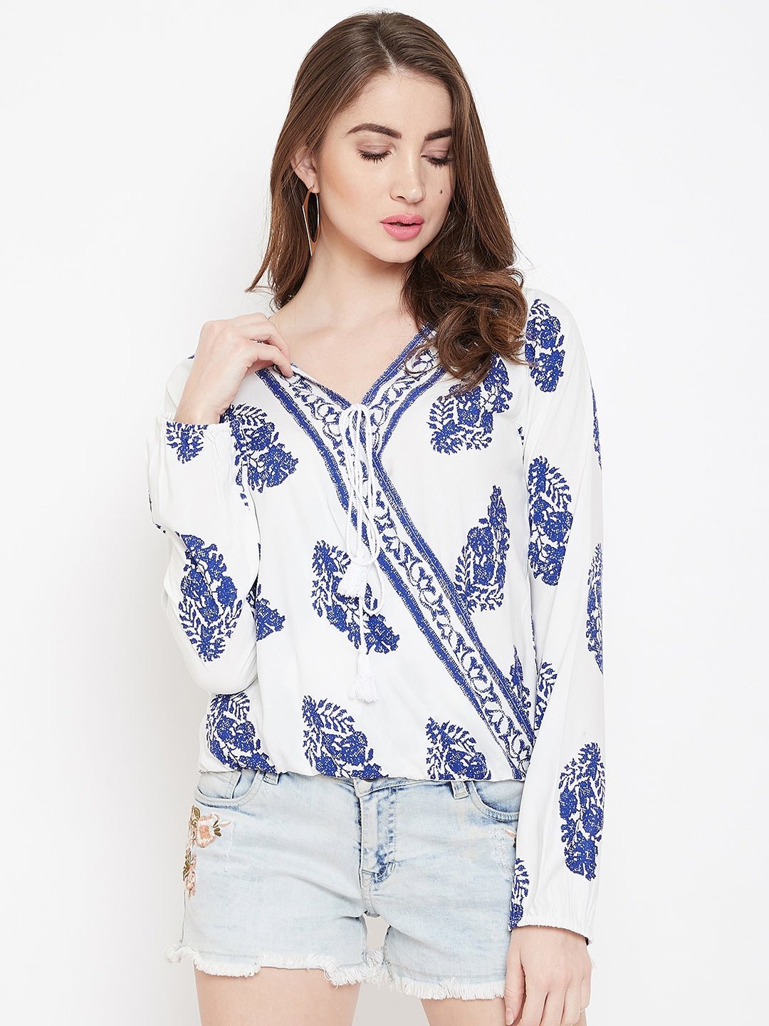Folk Republic Women White & Blue Floral Printed V-Neck Medium Transparent Blouson Top - #folk republic#