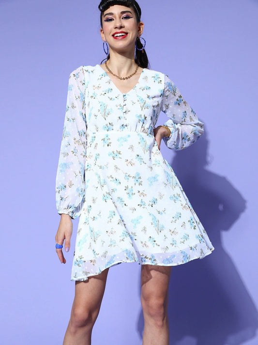 Folk Republic Women White & Blue Floral Printed V-Neck Waist Tie-Up Chiffon Fit & Flare Mini Dress - #folk republic#