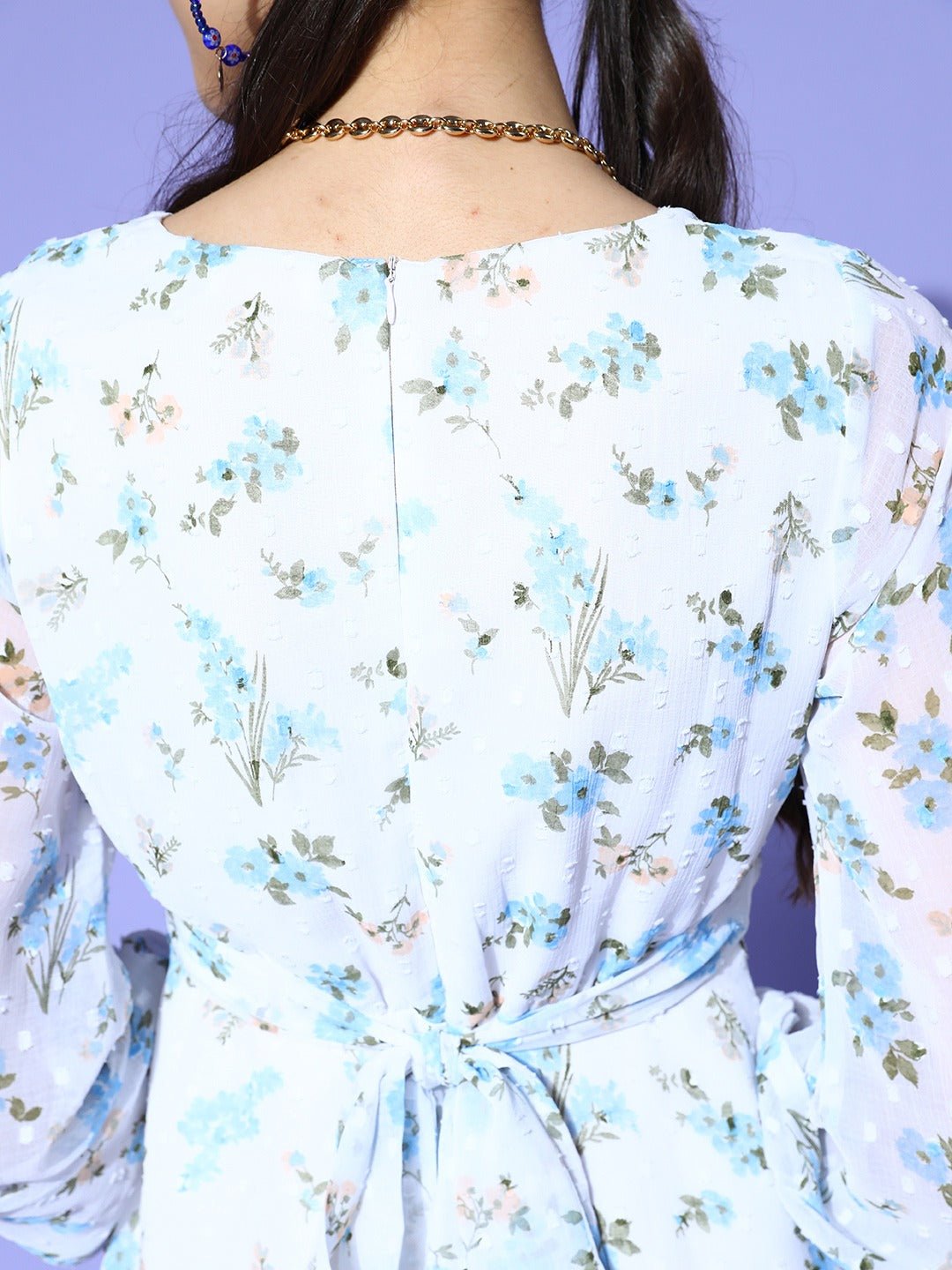 Folk Republic Women White & Blue Floral Printed V-Neck Waist Tie-Up Chiffon Fit & Flare Mini Dress - #folk republic#