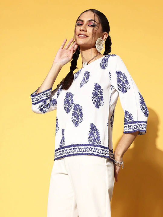 Folk Republic Women White & Blue Paisley Printed Boat Neck Three-Quarter Sleeve Cotton Woven Regular Top - #folk republic#