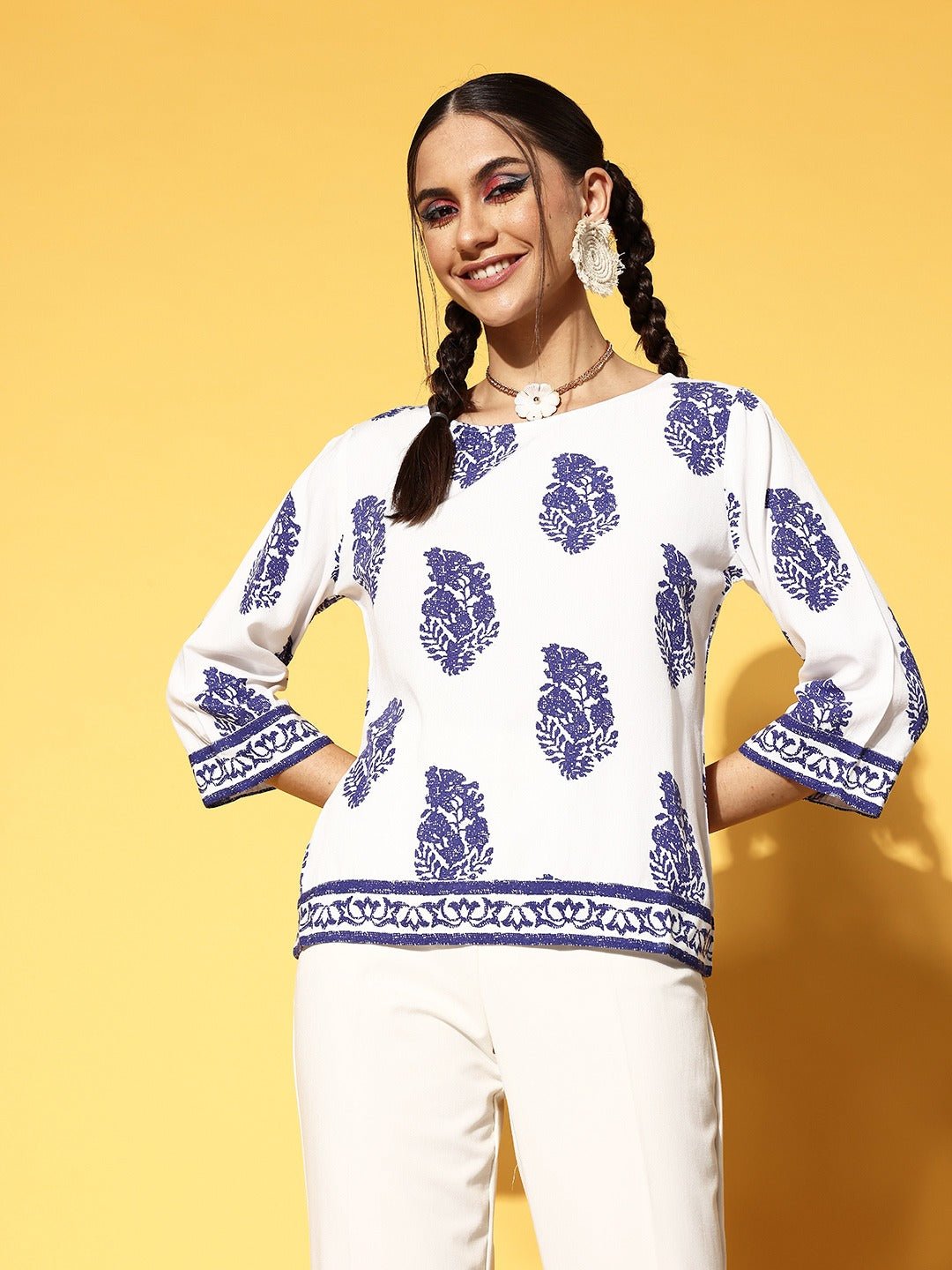 Folk Republic Women White & Blue Paisley Printed Boat Neck Three-Quarter Sleeve Cotton Woven Regular Top - #folk republic#