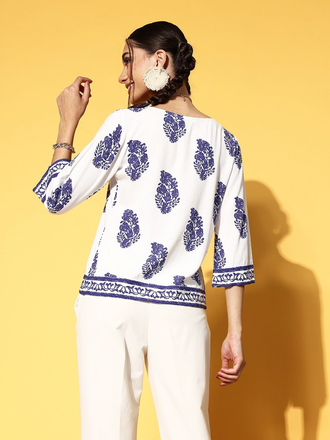Folk Republic Women White & Blue Paisley Printed Boat Neck Three-Quarter Sleeve Cotton Woven Regular Top - #folk republic#