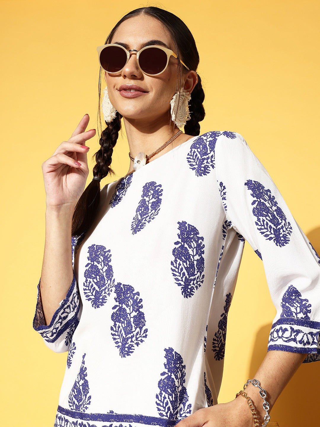 Folk Republic Women White & Blue Paisley Printed Boat Neck Three-Quarter Sleeve Cotton Woven Regular Top - #folk republic#
