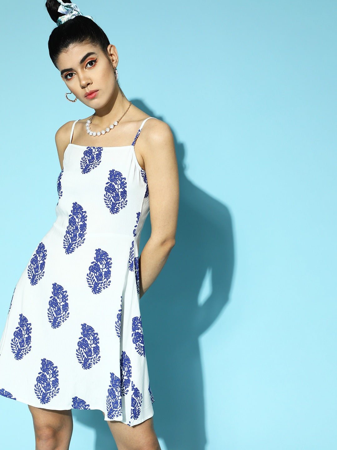 Folk Republic Women White & Blue Paisley Printed Square Neck Sleeveless Cotton Fit & Flare Mini Dress - #folk republic#