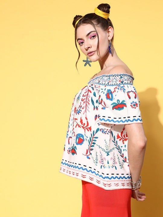 Folk Republic Women White & Blue Tribal Printed Off-Shoulder Neck Crepe Regular Top - #folk republic#