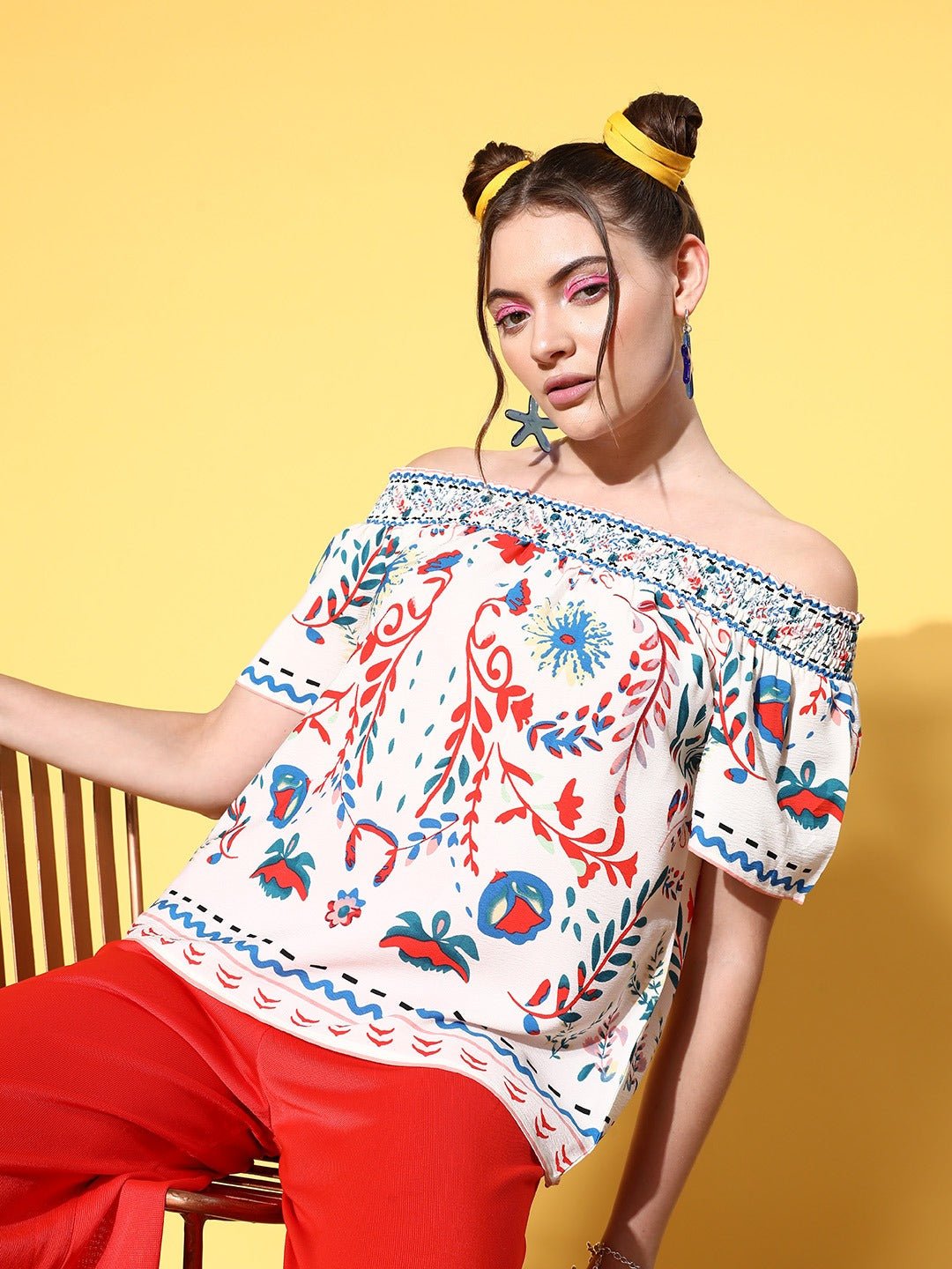 Folk Republic Women White & Blue Tribal Printed Off-Shoulder Neck Crepe Regular Top - #folk republic#